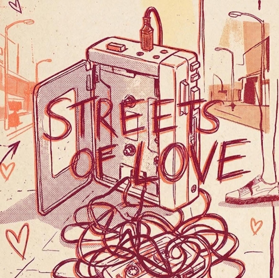 Streets of Love cover art: an open cassette walkman on a street, tape spilling out